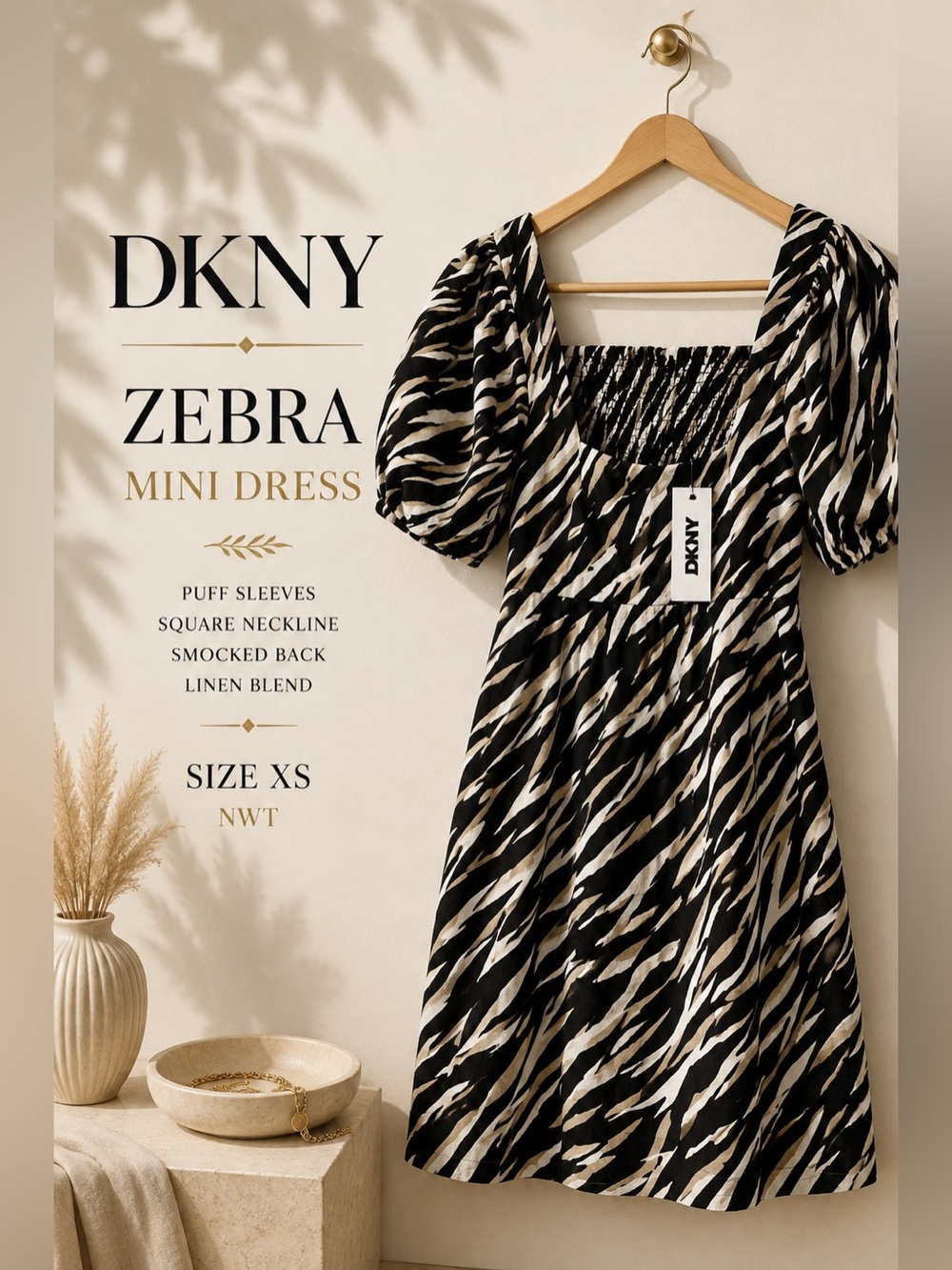 DKNY Zebra Print Linen Blend Puff Sleeve Mini Dress XS